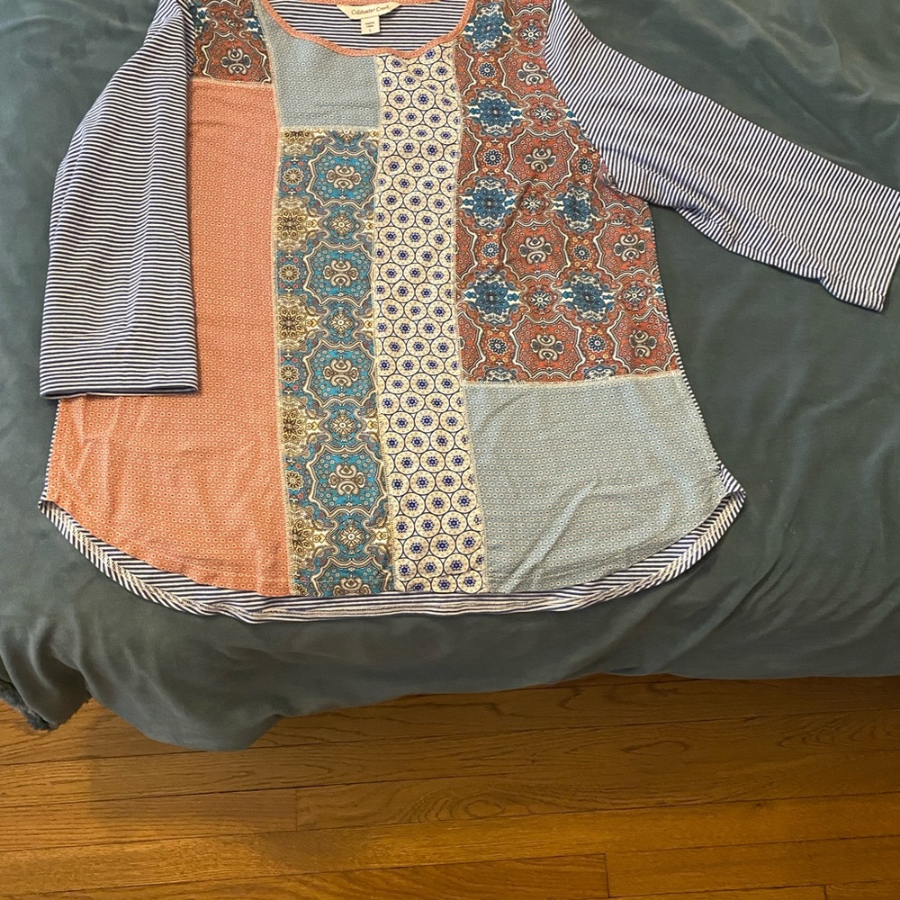 Cute Coldwater Creek patchwork shirt, L. Gently worn. Matches a lot. 3/4 sleeves